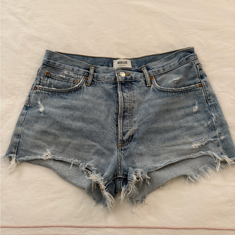 Agolde Blue Distressed Jean Shorts with Frayed Hem